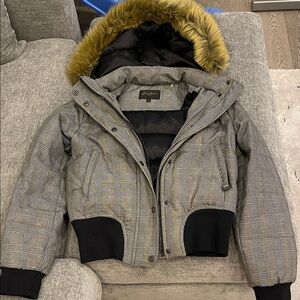 Sean John Gray Plaid Puffer Jacket with Faux Fur Hood